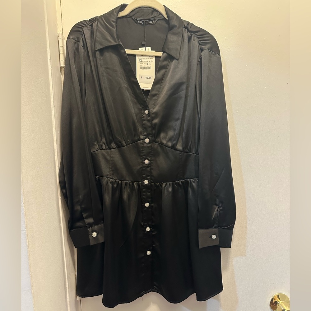 Elegant Black Satin Button-Up Dress
